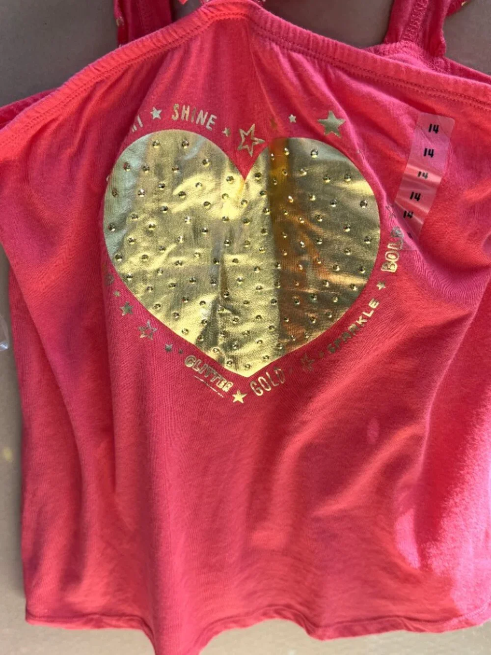 NWT Girls Justice Coral/Red Tank Top w/Gold Studded Heart Graphic, Size 14
